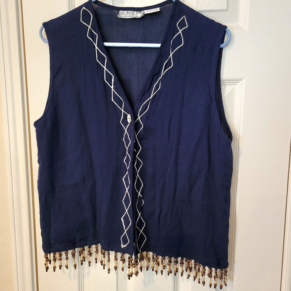 Vtg 90s Beaded Vest - Navy Vest with fringe beads - size Large